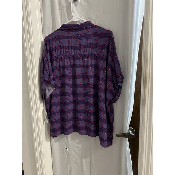 Lularoe Purple Red Lipstick Print Amy Button Up Shirt Sz L Oversized Boxy - Picture 5 of 5
